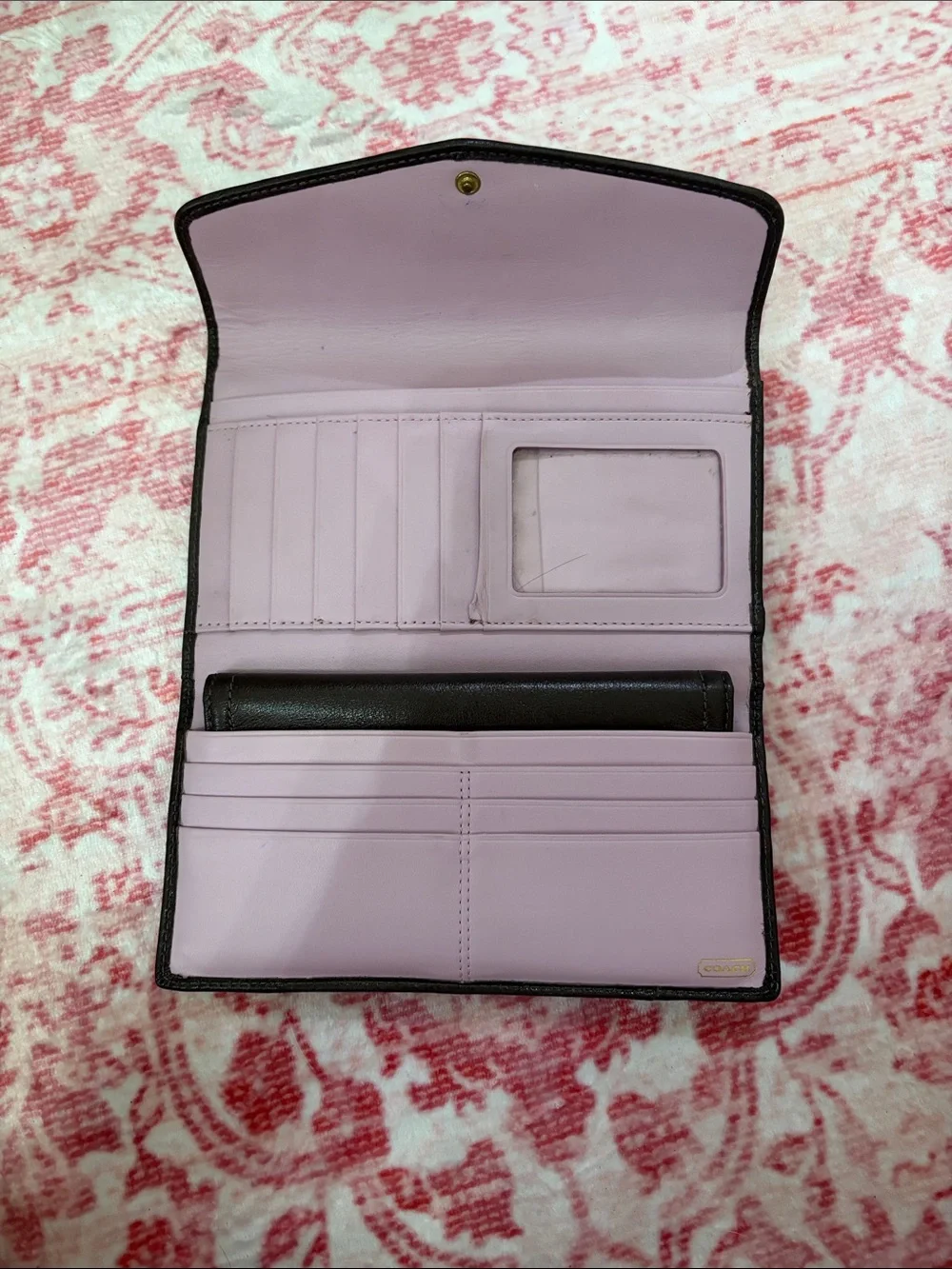Coach Dark Brown Leather Flap Wallet with Gold Logo